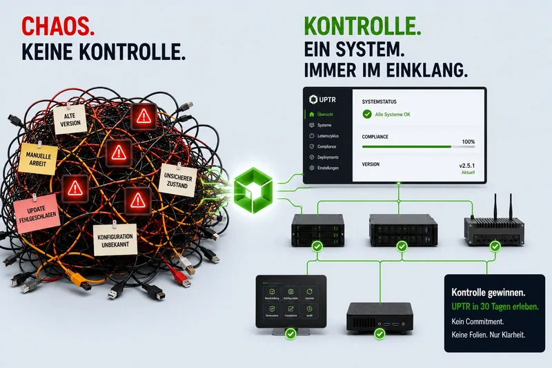 UPTR-Automatisierungsplattform, die die vollständige Kontrolle über den IT- und OT-Lebenszyklus von der Bereitstellung über Updates bis hin zur Governance ermöglicht.